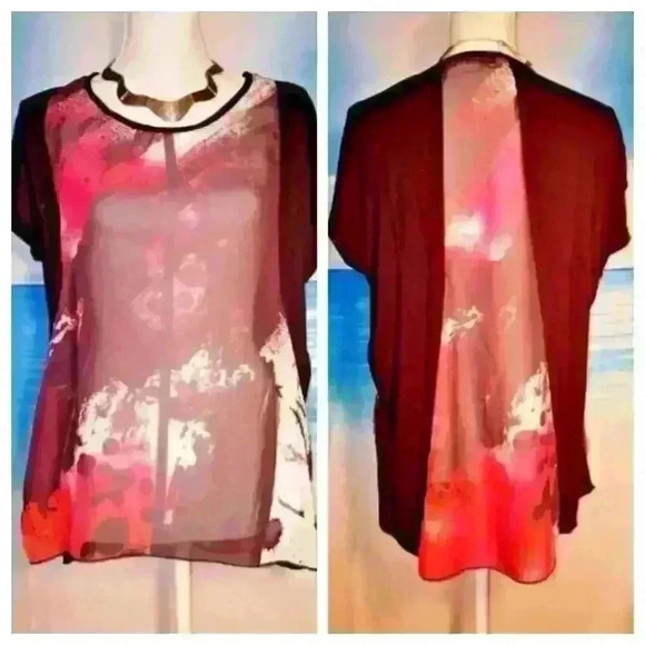 VANILLA SUGAR Woman's BLACK/RED Top Hi/Low Hem SHEER Lightweight Shirt size Lg - Picture 1 of 4